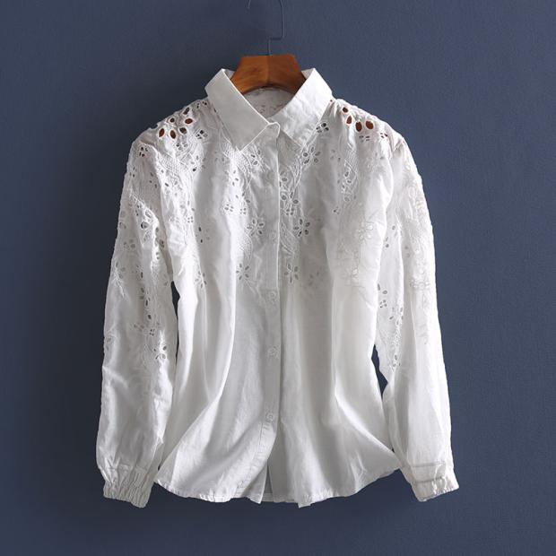 刺绣的情怀 剪标 日本单 全棉钩花镂空 长袖 白衬衣