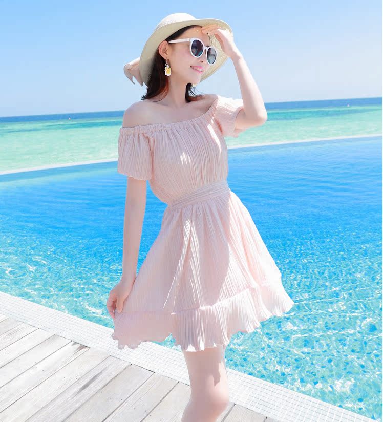 夏季巴厘岛海边度假必备沙滩裙短裙显瘦修身露肩雪纺连衣裙海滩裙