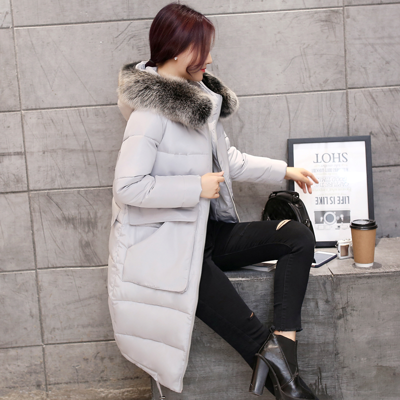 冬季新款女士韩版修身过膝盖长款加厚羽绒棉服连帽大毛领棉袄外套