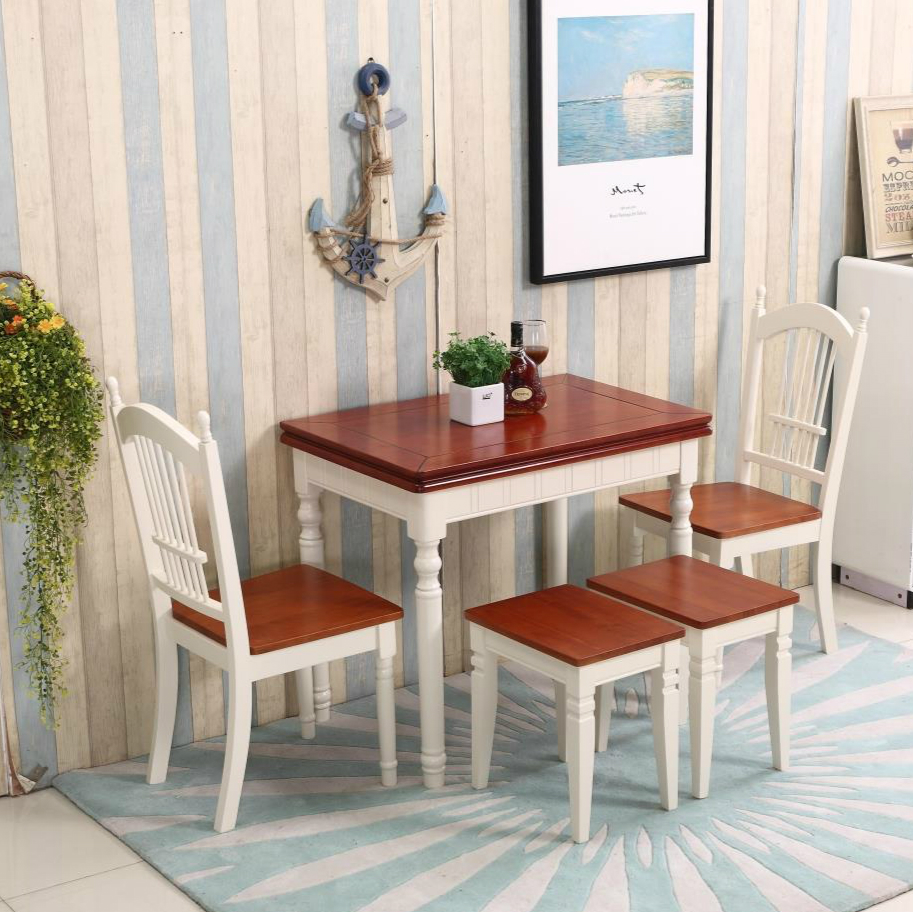 餐桌实木地中海折叠餐桌象牙白色伸缩抽拉桌子小户型美式简约饭桌