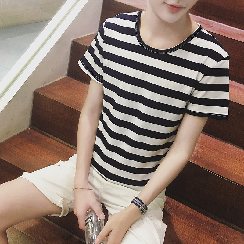 夏季男士韩版上衣服圆领条纹短袖T恤青少年日系半袖潮男装打底衫