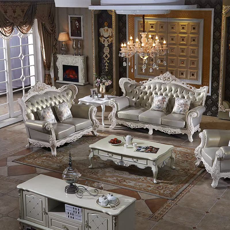 欧式真皮沙发 实木雕花123组合高端客厅家具 新古典实木真皮沙发