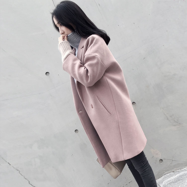 韩版秋冬装宽松廓形藕粉色茧型妮子羊毛呢子大衣加厚中长款女外套