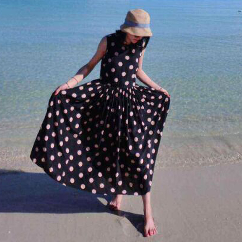 2016夏新款女装气质修身波点仿真丝无袖连衣裙中长款海边沙滩裙
