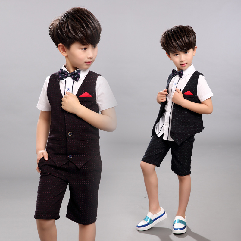 2016新款男童马甲套装 儿童短袖马甲衬衣裤子三件套花童服配领结