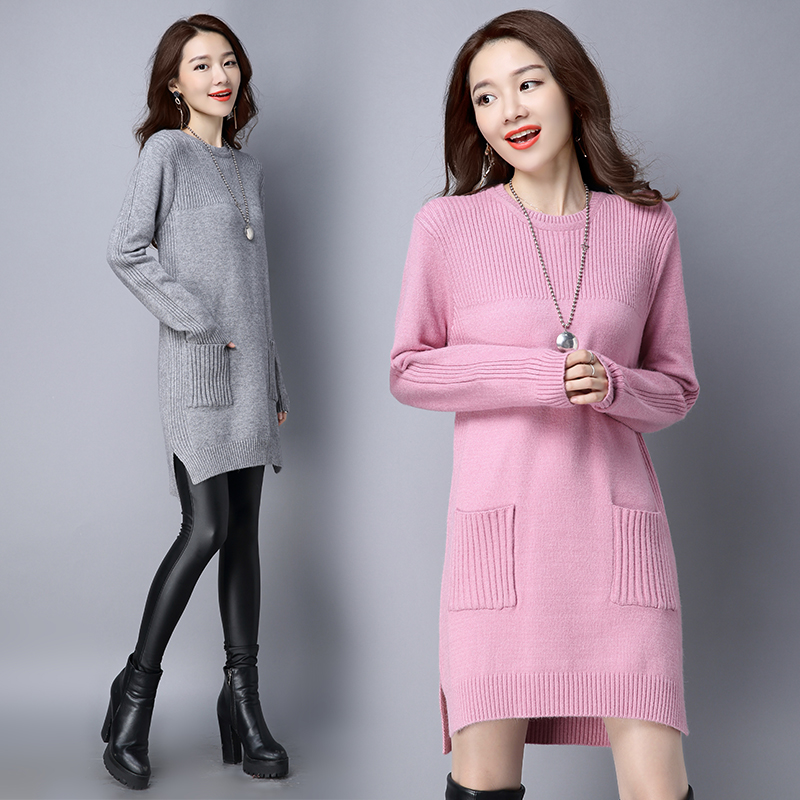 韩版修身中长款套头毛衣女加厚针织衫圆领冬季连衣裙羊毛羊绒衫