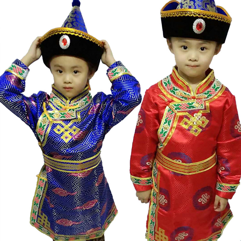 红色民族服装男童款蒙古袍儿童新款蒙古族服装男孩儿童舞蹈演出服