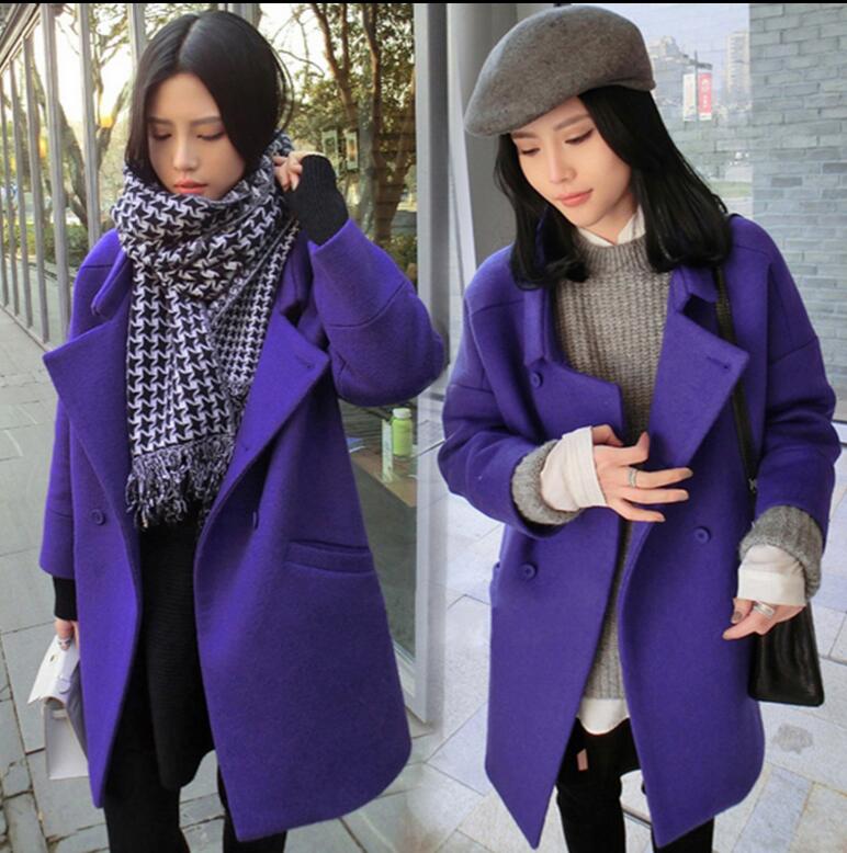 2016秋冬新款韩版大码女装翻领双排扣羊毛呢子大衣中长款学生外套