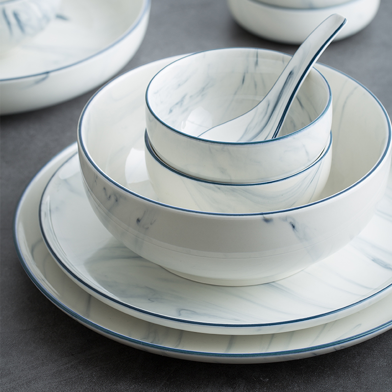 简约北欧大理纹路套装陶瓷盘子汤碗创意 日式餐具2人碗筷家用饭碗
