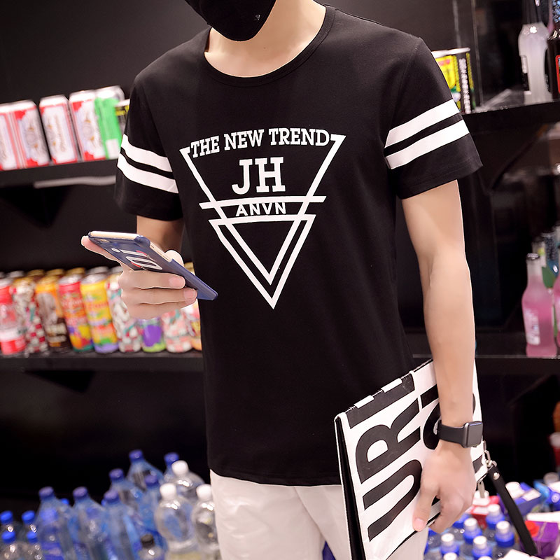 LG 2016潮男青少年修身个性三角形印花夏季短袖T恤休闲体恤衫半袖