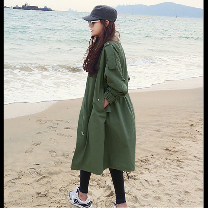 2016秋季新款韩版宽松大码纯棉休闲外套长款军绿色风衣外套女长袖