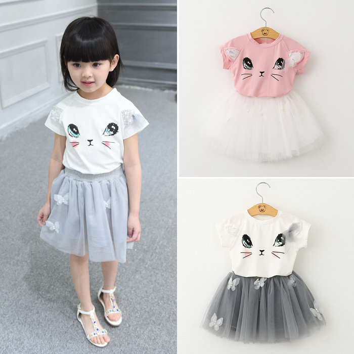2016夏新款童装 女童宝宝可爱猫咪短袖T恤+立体蝴蝶纱裙两件套装