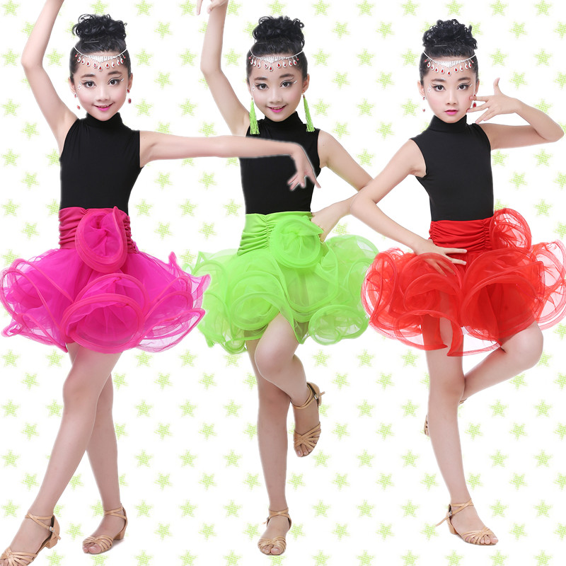 新款儿童拉丁舞演出服少儿女童舞蹈拉丁舞比赛表演服蓬蓬连衣裙摆