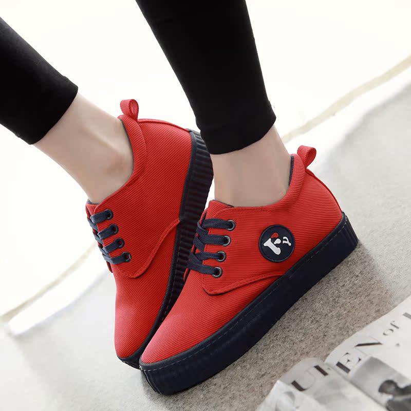 夏季红色帆布鞋女低帮平底布鞋厚底运动休闲鞋子韩版系带学生板鞋