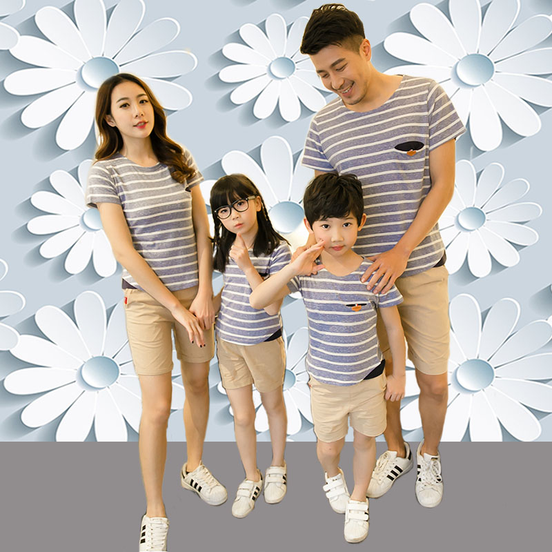 亲子装夏装纯棉条纹T恤两件套全家装母子母女一家三口家庭套装