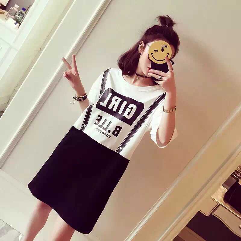 2016夏季新款时尚字母印花大版T恤女中长款黑白宽松运动t恤学生潮