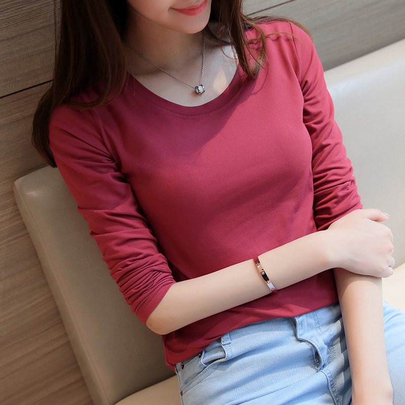 【天天特价】秋季韩版新款纯色长袖T恤女大码显瘦百搭打底衫上衣