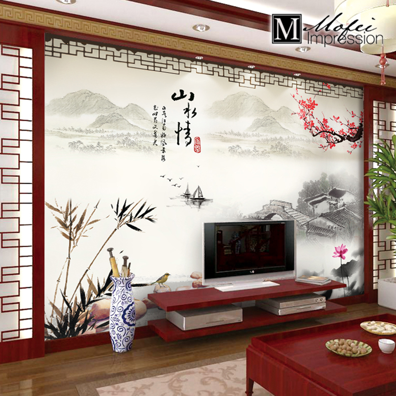 中式客厅沙发电视背景墙纸壁画3d无纺布壁纸无缝墙布山水情花鸟画