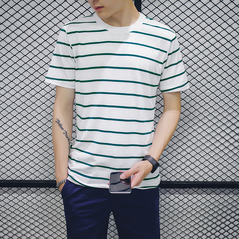 2016夏季青年男士修身圆领条纹T恤衫青春简约短袖韩版打底衫薄款