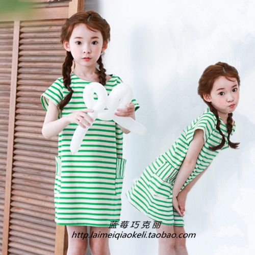 韩国版女中大儿童装夏款纯棉条纹宽松休闲公主连衣裙短袖T恤裙子