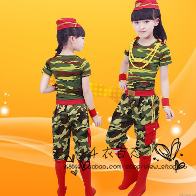 2016新款六一儿童中学生绿色迷彩军装服饰小孩男女款军训演出套装