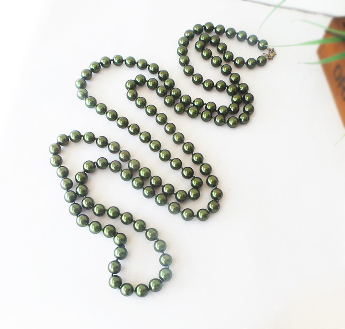 欧美饰品质感玻璃珍珠墨绿经典款长款项链可多层缠绕女款