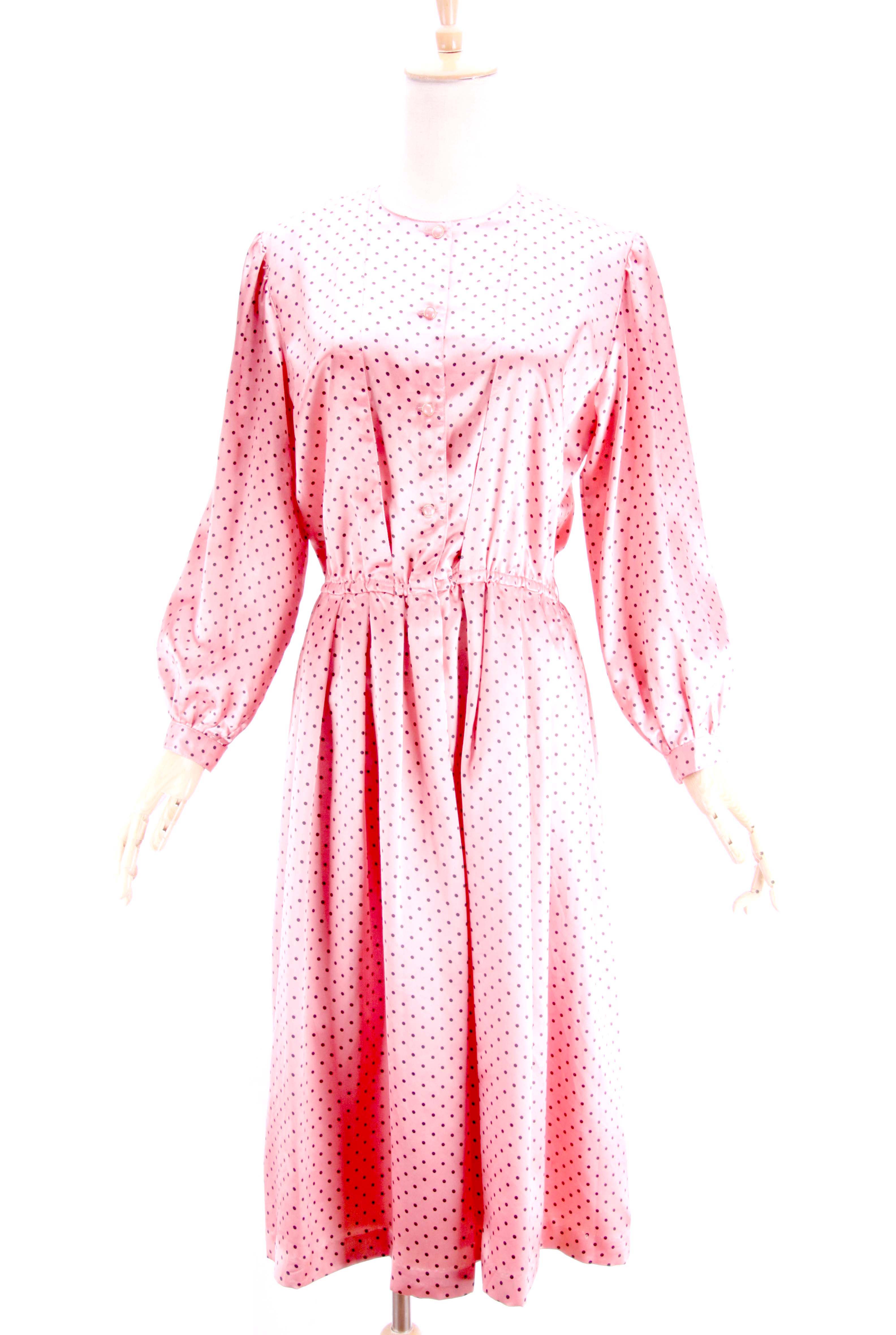vintage古着复古少女气质粉红色波点收腰大摆长袖连衣裙长款推荐