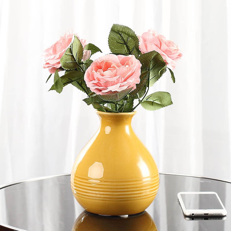 新古典欧式客厅家居工艺软装饰品黄色陶瓷台面小花瓶花艺套装摆件