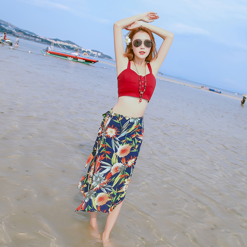 沙滩群2016夏季数码喷绘夏威夷花卉沙滩裙复古半身裙度假裙