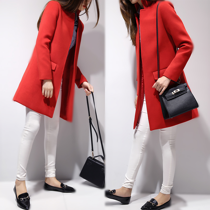 韩国2016秋冬季新款中长款羊毛呢子大衣韩版大红色修身毛呢外套女