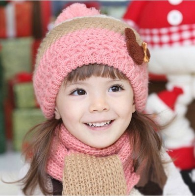 秋冬新款儿童保暖毛线帽女童围脖针织帽子套件宝宝防冻护耳套头帽
