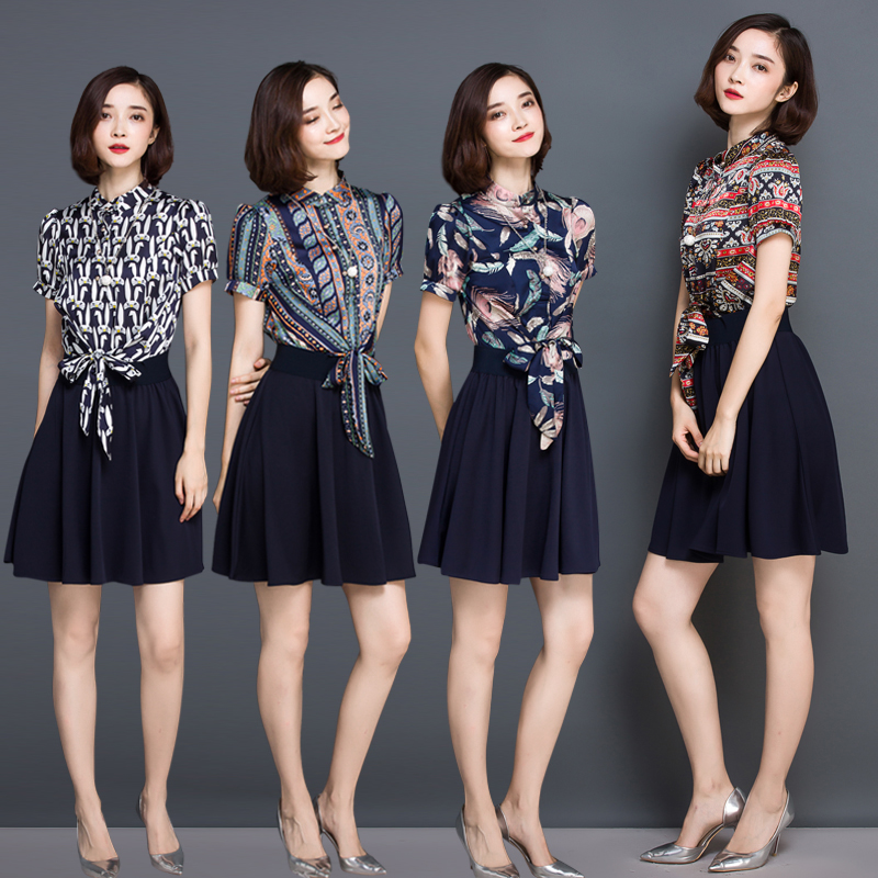 印花连衣裙女2016夏装新款韩版收腰显瘦假两件套中长款气质连衣裙
