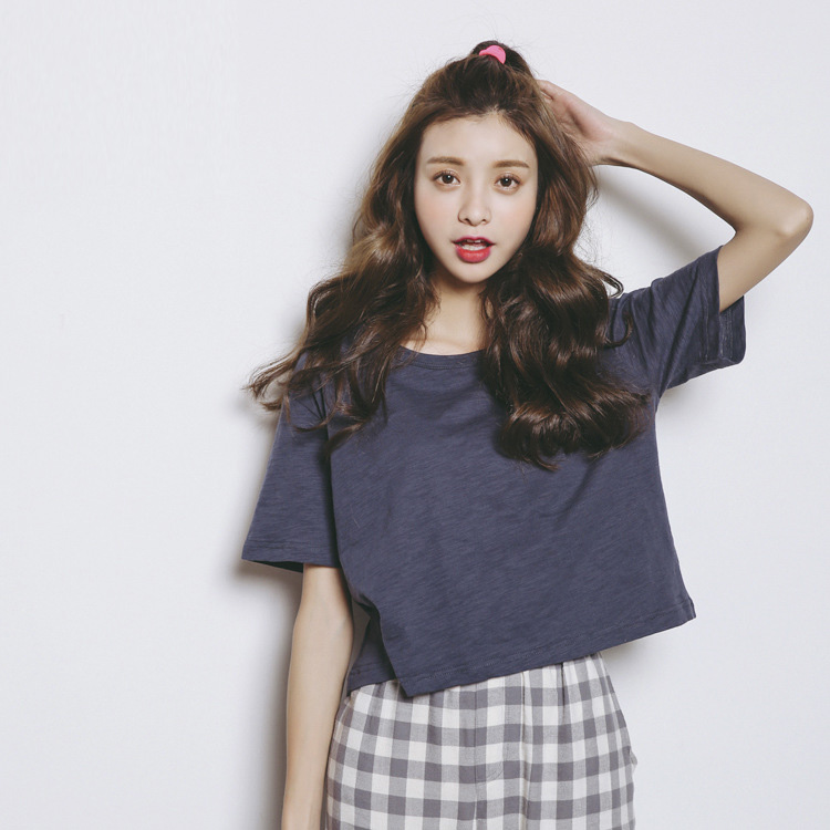 韩版夏季新款纯色宽松短袖短款圆领女t恤休闲上衣学生半袖体恤潮