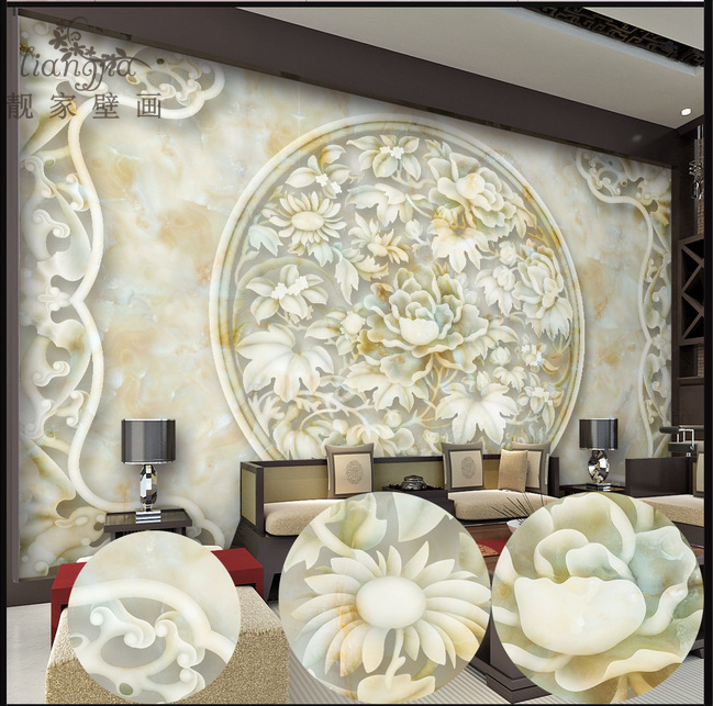 中式仿玉雕花卉大型壁画3d立体电视背景墙壁纸客厅无缝整张墙纸