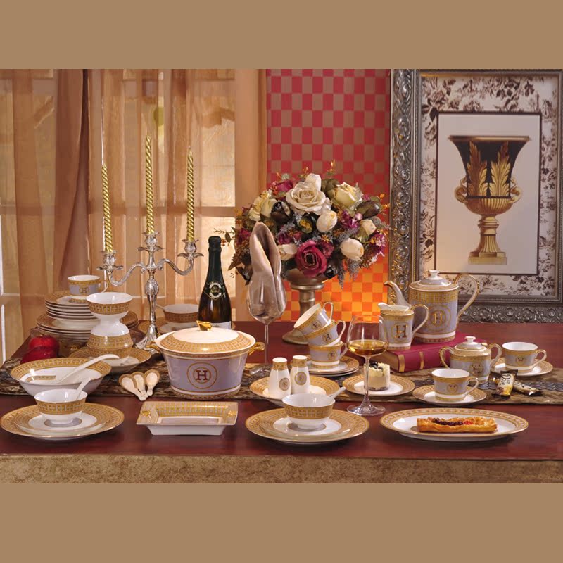 高档骨瓷 欧式餐具套装宫廷 4358头碗具碗盘碟套装订婚陪嫁