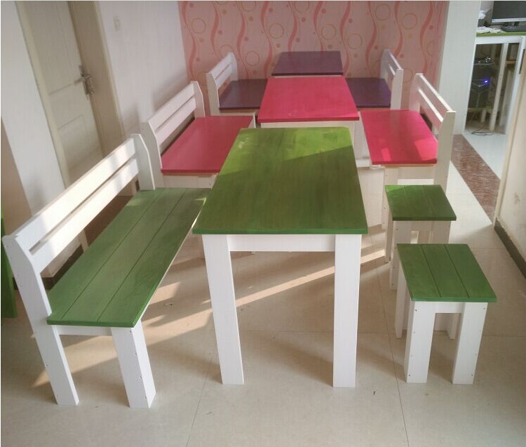 地中海餐桌椅组合彩色田园咖啡厅酒吧餐桌椅做旧复古实木餐桌家用