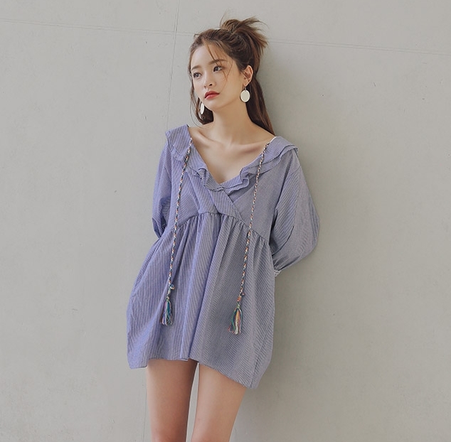 korea 韩国代购夏季新款减龄女流苏束带领条纹宽松娃娃连衣裙包邮